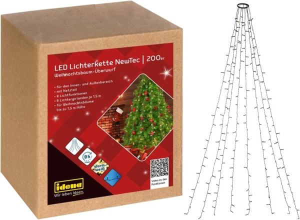 Idena 31040 - LED Lichterkette mit 200 LEDs in Warmweiß, NewTec Weihnachtsbaum-Überwurf mit 8 Lichteinstellungen und Timer, 8 Strängen ca. 1,5 m lang, Deko für Innen & Außen, als Weihnachtsdeko