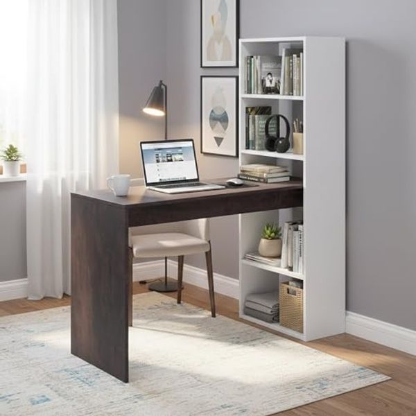 Dmora - Schreibtisch Denton, Wendeschreibtisch mit Bücherregal mit 5 Böden, Studier- oder Bürotisch für PC-Buchhalter, cm 120x53h144, Weiß und Oxid
