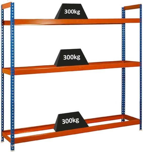PROREGAL® Regal Reifenregal Big MetalShark No. 6, HxBxT 200x120x45cm, Blau/ Orange, 3 Ebenen, 300kg Fachlast pro Ebene, bis zu 24 Reifen, Metall, einfache Montage