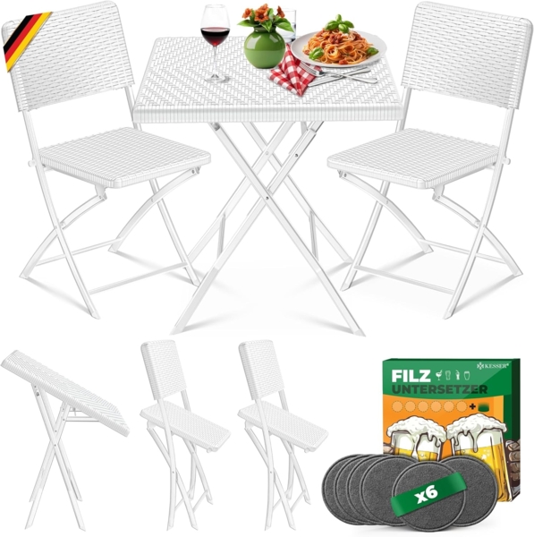 KESSER® Bistroset 3-teilig Balkontisch mit 2 Stühlen | Balkonmöbel Wetterfest & UV-beständig Balkonset klappbare Sitzgruppe | Beschichtetes Stahl | Gartenmöbelset mit 6 Filz-Untersetzer Weiß, Rattan
