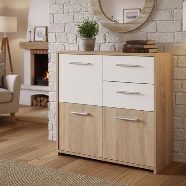 Dmora - Kommode Regensburg, Wohnzimmerbuffet, Wohnzimmer-Sideboard, Moderne Küchen-Speisekammer, 77x30 h77 cm, Weiß