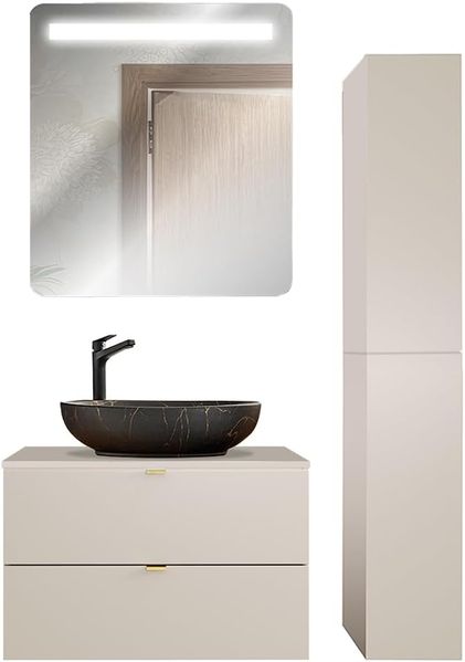 Lomadox Badmöbel-Set DURANGO-56, (Spar-Set, 3-St, LED-Spiegel Waschtisch Hochschrank), 80 cm breit, Keramikwaschbecken, kaschmir, 2 Schubladen