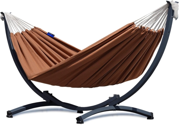 Potenza Hängematte mit Gestell I Stabiler Komapkt Rahmen 200kg - 250cm Balkon I Hängematte 200x120cm I Roma XL Toffee