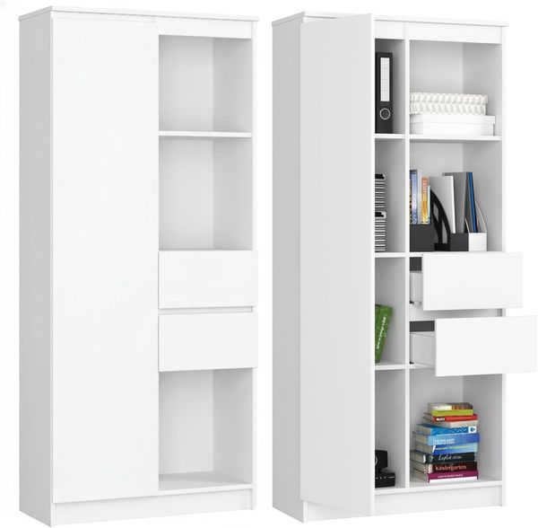 Home Collective Bücherregal Schrank Büroregal weiß 80cm breit 180cm hoch, Aktenschrank, Büroschrank, Mehrzweckschrank, mit Tür und 2 Schubladen mittig