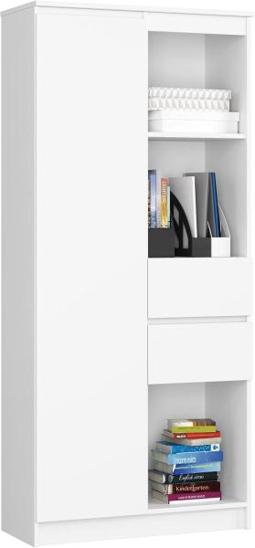 Home Collective Bücherregal Schrank Büroregal weiß 80cm breit 180cm hoch, Aktenschrank, Büroschrank, Mehrzweckschrank, mit Tür und 2 Schubladen mittig