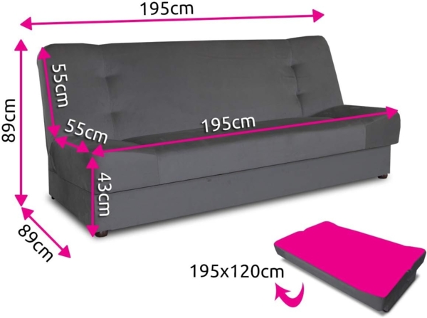 Schlafsofa Sena - Sofa mit Schlaffunktion und Bettkasten, Velours Stoff, Bettsofa mit Bonell-Federkern, Couch (Pink (Manila 09)) Bild 3