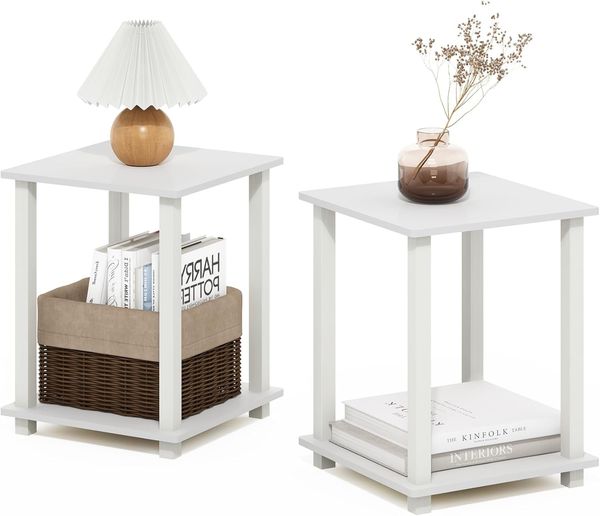 Furinno Simplistic Sofatisch, Couchtisch, Beistelltisch, mit 2 Ebenen, Holzwerkstoff, Weiß/Weiß, 2er-Set