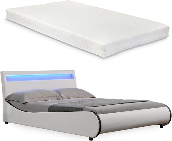 Kunstlederbett Valencia LED RGB Beleuchtung Kaltschaummatratze 140x200 cm Weiß Corium