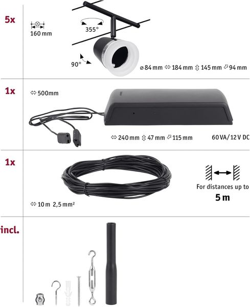 Paulmann No. 94463 Seilsystem Cone Basisset Schwarz 5x max. 10W DC 60VA Bild 3