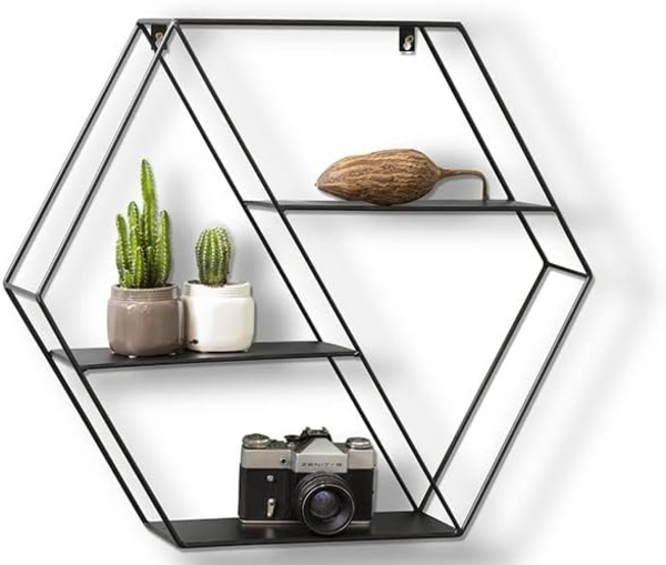 LIFA LIVING Hexagon Wandregal aus Metall mit 4 Böden, Schwarzes Gewürzregal mit 4 Etagen, Industrie Hängeregal, 58 x 51 x 11 cm