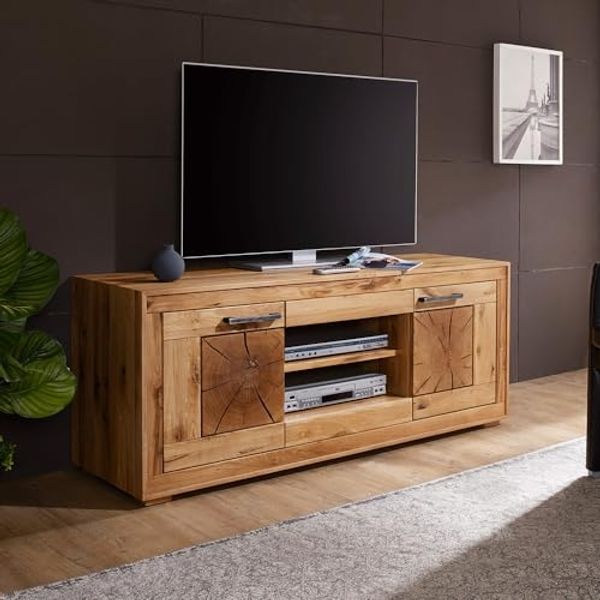 Lomadox Lowboard WINNIPEG-69, Fernsehschrank 150cm, Eiche massiv geölt, Hirnholz-Details, montiert