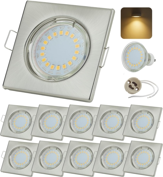 Sweet LED LED Einbaustrahler 10er Set 5W GU10 Deckenspots 230V eckig chrom-gebürstet, LED fest integriert, 3000K-Warmweiß, Deckenspots, Deckenstrahler, Einbauleuchten