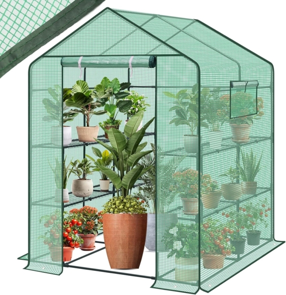 Sekey Gewächshaus 200 x 145 x 145 cm, Foliengewächshaus Stabil, Gewächshaus Balkon mit 10 Regalböden für optimales Pflanzenwachstum, Grün, XXL