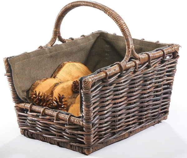 Kobolo Kaminholzkorb Holztrage Krabu Rattan - abnehmbarem dunklen Stoff