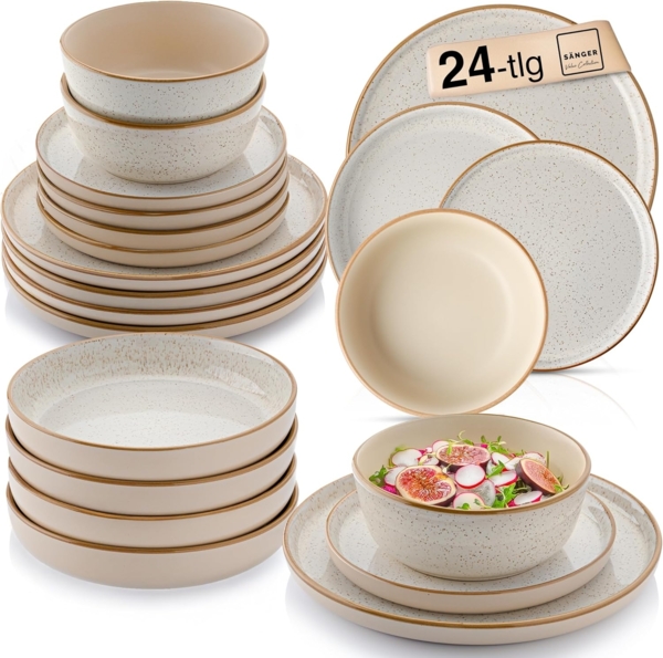 SÄNGER Steingut Geschirrset Rio Creme, Tafelservice 24 teilig für 6 Personen