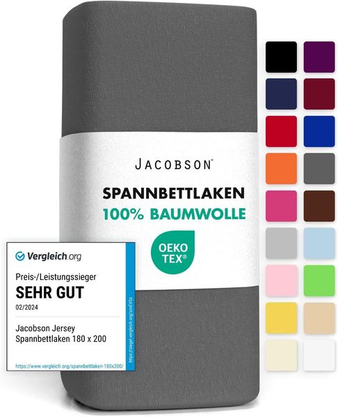 Jacobson Jersey Spannbettlaken Spannbetttuch Baumwolle Bettlaken (120x200-130x200 cm, Anthrazit)