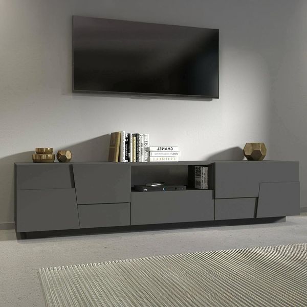 Dmora - TV-Ständer Vanni, niedriges Wohnzimmer-Kommode mit 4 Türen und 1 Schublade, TV-Ständer-Basis, 220 x 44 x 46 cm, Anthrazit