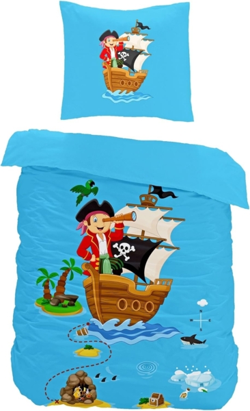 JACK Babybettwäsche 100x135 cm Piratenschiff Pirat Schatz, Renforcé, 2 teilig, Babybettwäsche für kleine Piraten und Abenteurer