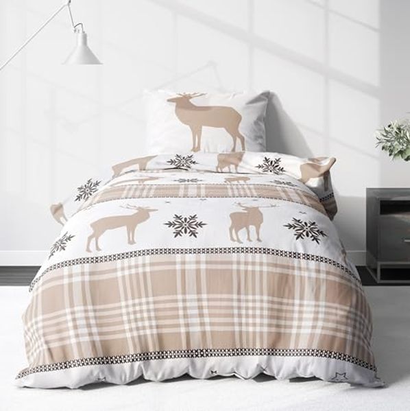 LINKHOFF Bettwäsche Biber Bettwäsche 135x200cm Christmas Sand Creme - 100% Baumwolle, Weihnachtsbettwäsche Beige, Winterbettwäsche, Weihnachten, Hirsch