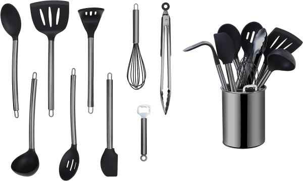 ECHTWERK Küchenorganizer-Set, (Set, 10-tlg), Kochbesteck mit Edelstahlgriff, Antihaft Silikon, Utensilienhalter