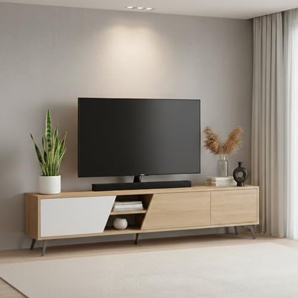 Dmora Mobile Porta TV Sadalsuud, Credenza da soggiorno, Armadio Basso per TV, Base parete attrezzata, 180x36 h48 cm, Quercia e Bianco