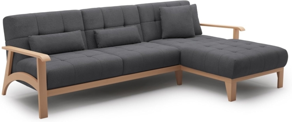 Cavadore Ecksofa Billan / Eckcouch im skandinavischen Design mit Longchair und massivem Holzgestell in Buche / 264 x 88 x 183 / Mehrfarbiger Strukturstoff, Dunkelgrau
