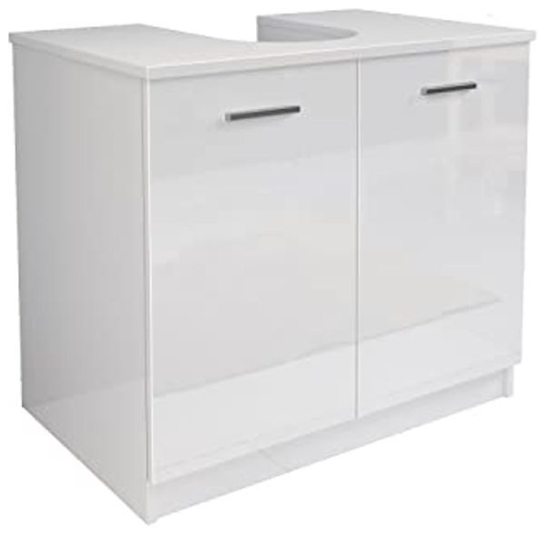 Mama Store Säulenabdeckung für Badezimmer Möbel im Bausatz Waschtischunterschrank mit 2 Türen Hochglanzweiß, L 70 cm x T 46 cm x H 62 cm