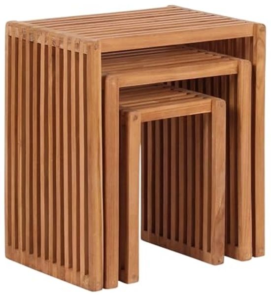 MR. DEKO Beistelltisch Teak 3er Set Holztisch natur 45x32x50cm ineinanderschiebbares Tischset (3-teiliges Beistelltisch Set aus Massivholz, 3-St), Beistelltische naturbelassen, wetterfest & stabil