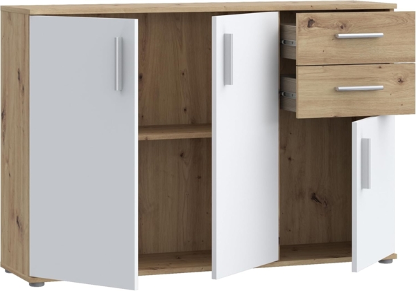Forte IKOLI Kommode 120, Moderne Kommode, 3-türig, 2 Schubladen, Wohn-/Schlafzimmer, Flur, Holzwerkstoff, Weiß mit Artisan Eiche Holzdekor, 119,6 cm breit x 81,7 cm hoch x 31,4 cm tief Bild 6