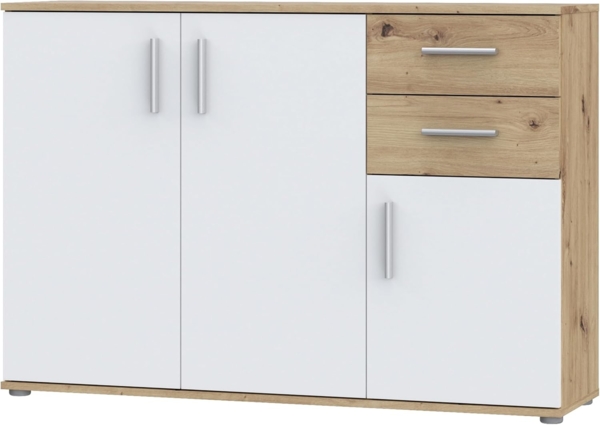 Forte IKOLI Kommode 120, Moderne Kommode, 3-türig, 2 Schubladen, Wohn-/Schlafzimmer, Flur, Holzwerkstoff, Weiß mit Artisan Eiche Holzdekor, 119,6 cm breit x 81,7 cm hoch x 31,4 cm tief Bild 8