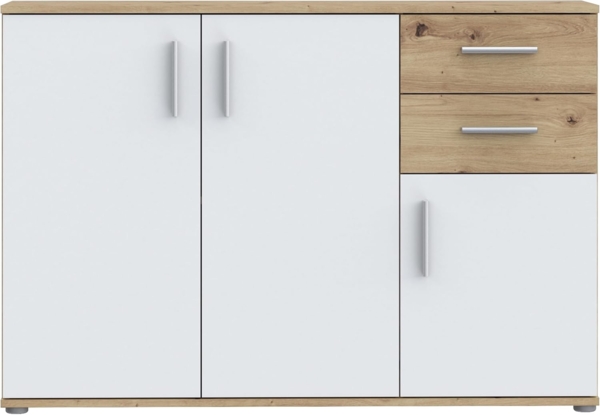 Forte IKOLI Kommode 120, Moderne Kommode, 3-türig, 2 Schubladen, Wohn-/Schlafzimmer, Flur, Holzwerkstoff, Weiß mit Artisan Eiche Holzdekor, 119,6 cm breit x 81,7 cm hoch x 31,4 cm tief Bild 3