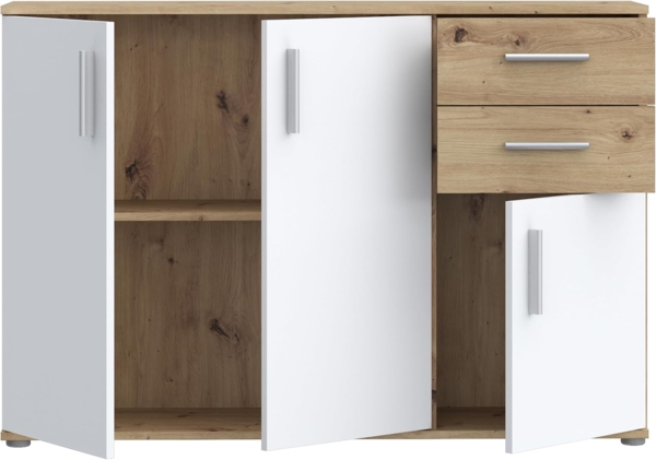 Forte IKOLI Kommode 120, Moderne Kommode, 3-türig, 2 Schubladen, Wohn-/Schlafzimmer, Flur, Holzwerkstoff, Weiß mit Artisan Eiche Holzdekor, 119,6 cm breit x 81,7 cm hoch x 31,4 cm tief Bild 5