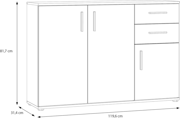Forte IKOLI Kommode 120, Moderne Kommode, 3-türig, 2 Schubladen, Wohn-/Schlafzimmer, Flur, Holzwerkstoff, Weiß mit Artisan Eiche Holzdekor, 119,6 cm breit x 81,7 cm hoch x 31,4 cm tief Bild 2
