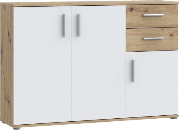 Forte IKOLI Kommode 120, Moderne Kommode, 3-türig, 2 Schubladen, Wohn-/Schlafzimmer, Flur, Holzwerkstoff, Weiß mit Artisan Eiche Holzdekor, 119,6 cm breit x 81,7 cm hoch x 31,4 cm tief Bild 4