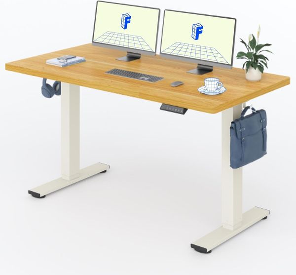 FLEXISPOT Höhenverstellbarer Schreibtisch 140×80cm, mit Haken und 25mm EINTEILIGER Tischplatte, ergonomischer Schreibtisch mit LED-Höhenanzeige und Memory-Funktion (Ahorn, Mousseweiß)
