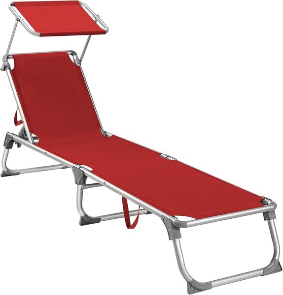 SONGMICS Sonnenliege, klappbarer Liegestuhl, 193 x 55 x 31 cm, max. Belastbarkeit 150 kg, mit Sonnenschutz, verstellbare Rückenlehne, für Terrasse Pool Garten, rot GCB19RD