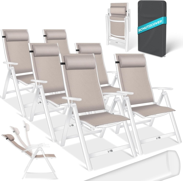 KESSER Gartenstuhl-Set 6-tlg., Hochlehner klappbar mit 7-fach verstellbarer Rückenlehne & Armlehnen, Aluminium taupe, inkl. Kopfkissen