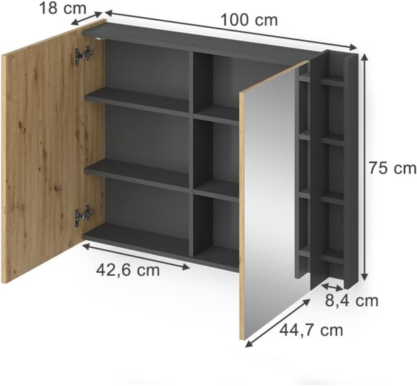 Badspiegelschrank Edelin Anthrazit/Artisan 100 x 75 cm mit Regalen Vicco Bild 3