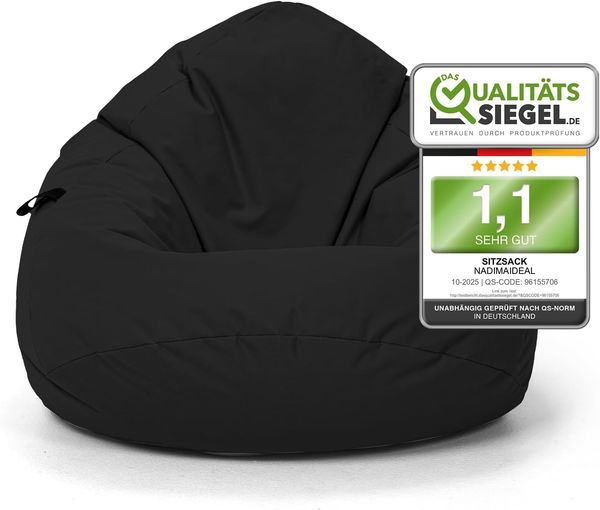 Nadimaideal Sitzsack Tropfenform Kastanie | Bodenkissen für Kinder & Erwachsene | Indoor & Outdoor | Gaming Sitzsack - Sitzkissen - Beanbag | Füllung EPS Perlen (Schwarz, XXL-Durchmesser 88 cm)