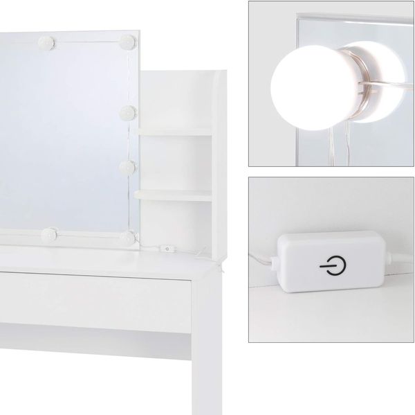 ECD Germany Schminktisch mit LED-Beleuchtung, Spiegel, Schublade, Fächern, 108 x 40 x 140 cm, Weiß, aus MDF Holz, Moderne Kosmetiktisch Schminkkommode Frisiertisch Frisierkommode Kommode Make-up Tisch Bild 4