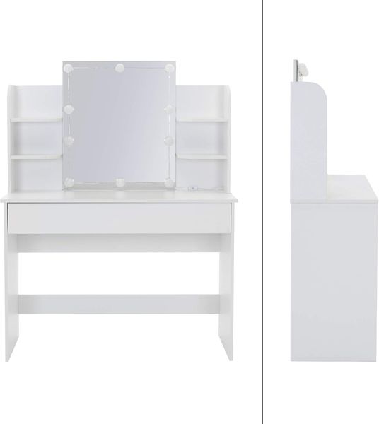 ECD Germany Schminktisch mit LED-Beleuchtung, Spiegel, Schublade, Fächern, 108 x 40 x 140 cm, Weiß, aus MDF Holz, Moderne Kosmetiktisch Schminkkommode Frisiertisch Frisierkommode Kommode Make-up Tisch Bild 2