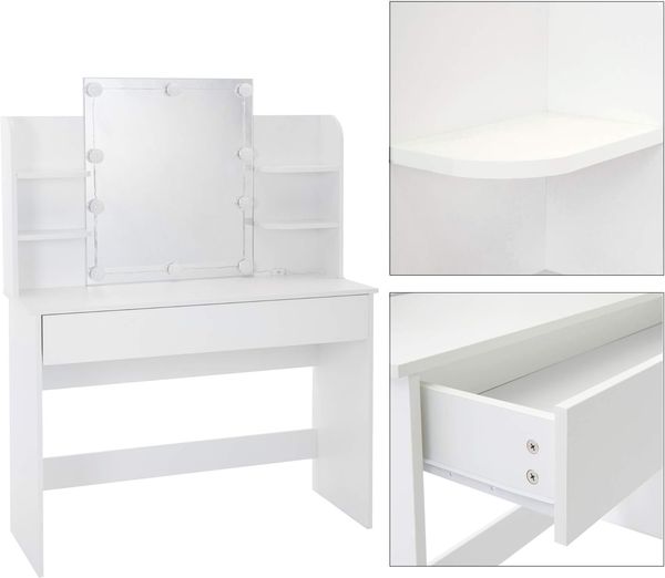 ECD Germany Schminktisch mit LED-Beleuchtung, Spiegel, Schublade, Fächern, 108 x 40 x 140 cm, Weiß, aus MDF Holz, Moderne Kosmetiktisch Schminkkommode Frisiertisch Frisierkommode Kommode Make-up Tisch Bild 3