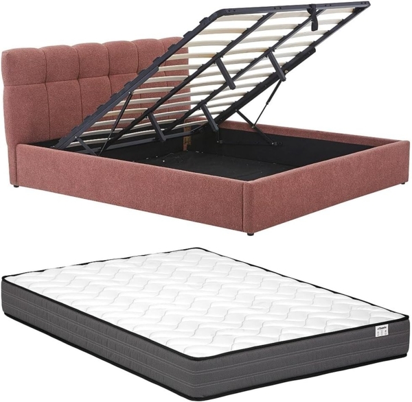 Vente-unique - Bett mit Bettkasten - 180 x 200 cm - Bouclé-Stoff - Terracotta + Matratze - MAZIRI