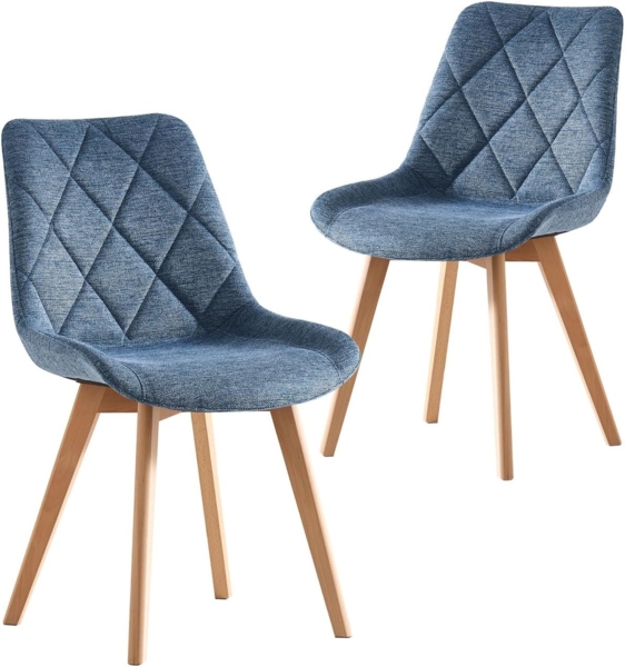 B&D home Esszimmerstühle 2er Set, Polsterstuhl mit Massivholz Buche Beine, gepolsterter Küchenstuhl Landhausstil, Design Stuhl Esszimmer und Küche, Webstoff Blau