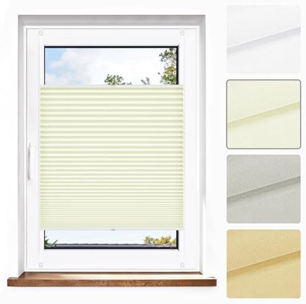 jalousiescout Plissee Pure Plissee Premium, 35 x 100 cm, creme, halbtransparent, ohne Bohren, verspannt, Klemmfix, Polyester-Stoff, blickdicht und lichtdurchlässig