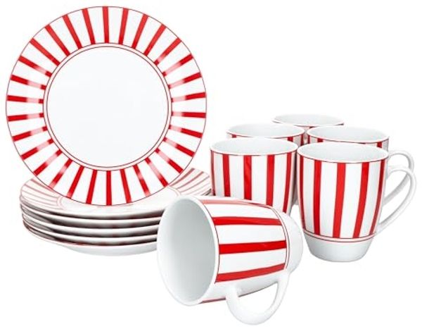 MamboCat Frühstücks-Geschirrset MamboCat Split rot 12tlg Frühstücksset gestreifte Teller Kaffeebecher, Porzellan