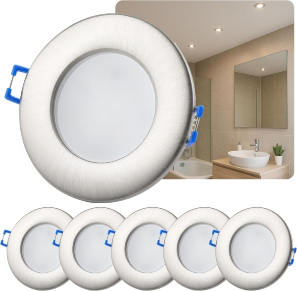 Sweet LED LED Einbaustrahler 5er Set flach IP44 für Bad & Küche 6,5W 230V, LED fest integriert, 3000K - warmweiß, Deckenspots, Deckenstrahler, Einbauleuchten