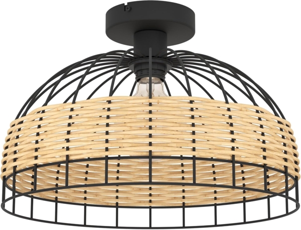 Eglo 43398 NATURE Deckenleuchte ANWICK Stahl schwarz, Rattan natur E27 1X40W H:26,5cm Ø:38cm dimmbar