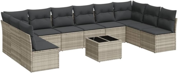 vidaXL 11-tlg. Garten-Sofagarnitur mit Kissen Hellgrau Poly Rattan 3249941