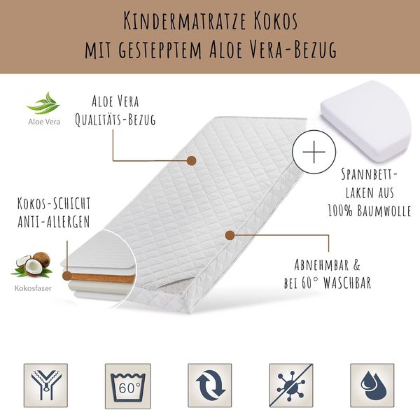Kindermatratze 80x160 cm KOKOS mit gestepptem Aloe Vera-Bezug und zwei Härtegraden, 10 cm hoch, Babymatratze Kindermatratze 80x160 Kokos-Matratze für Babybett oder Kinderbett Bild 2